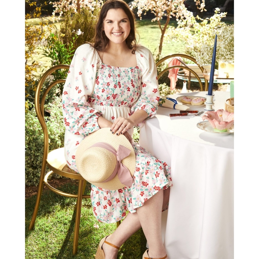 DRAPER JAMES RSVP Smocked Long Sleeve Floral Midi Dress Sz: L